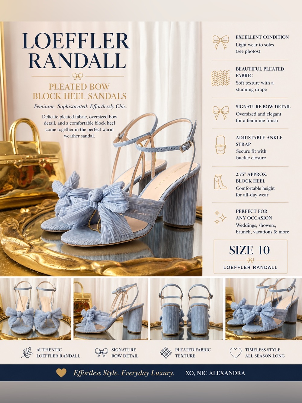 Loeffler Randall Blue Pleated Bow Block Heel Sandals Size 10